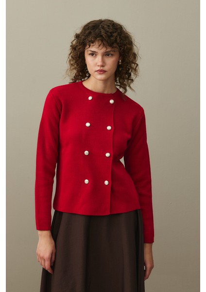 Çift Düğme Crop Hırka Kırmızı indirimleri