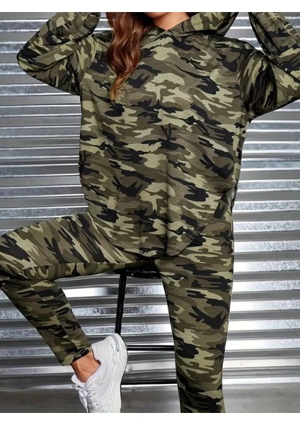 Mdb Kadın Uzun Kollu Kapşonlu Kamuflaj Desenli Bluz ve Pantolon Tayt Ikili Takım modelleri
