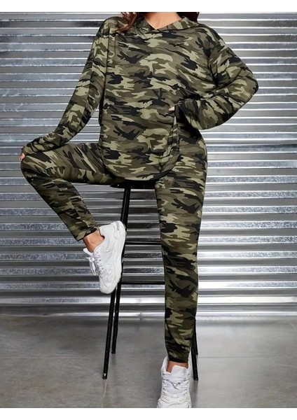 Mdb Kadın Uzun Kollu Kapşonlu Kamuflaj Desenli Bluz ve Pantolon Tayt Ikili Takım indirimleri