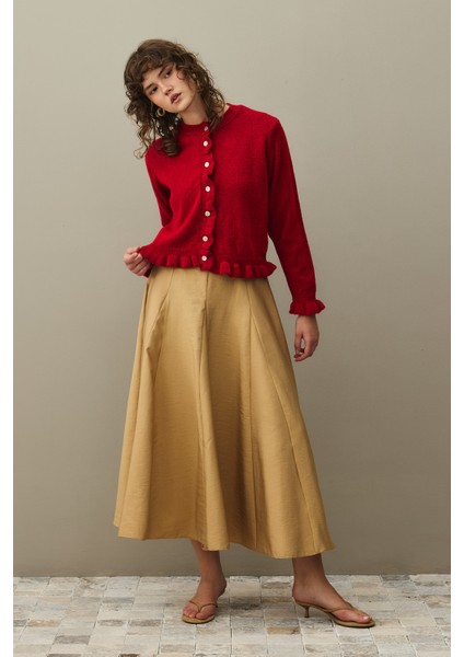 Ince Fırfırlı Tiftik Hırka Kırmızı