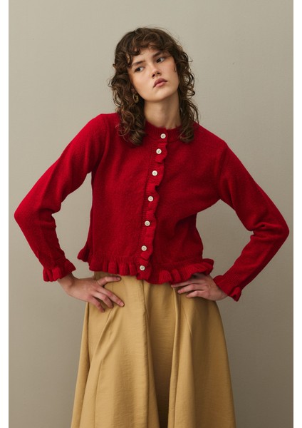 Ince Fırfırlı Tiftik Hırka Kırmızı modelleri