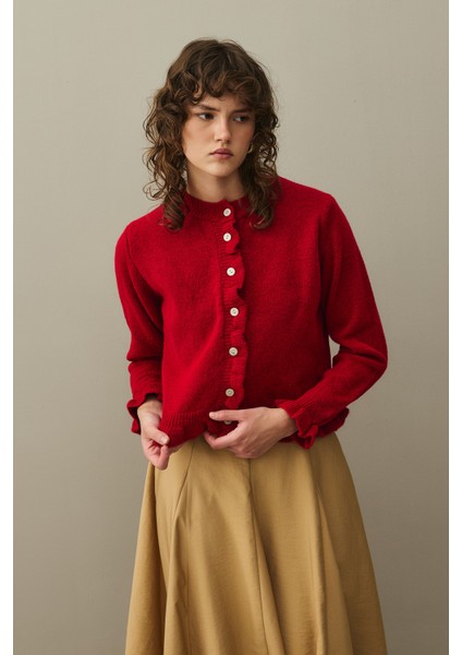 Ince Fırfırlı Tiftik Hırka Kırmızı fırsatları