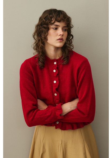 Ince Fırfırlı Tiftik Hırka Kırmızı indirimleri