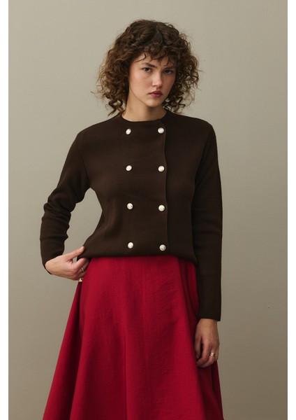 Çift Düğme Crop Hırka Kahverengi fiyatları