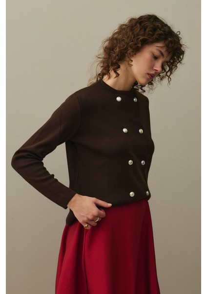 Çift Düğme Crop Hırka Kahverengi modelleri