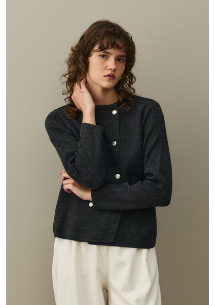 Çift Düğme Crop Hırka Antrasit