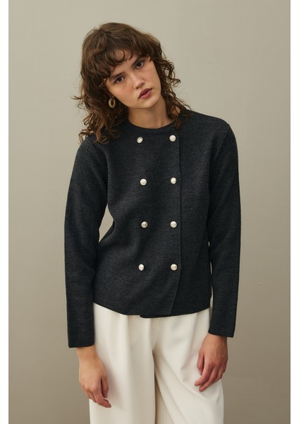 Çift Düğme Crop Hırka Antrasit modelleri