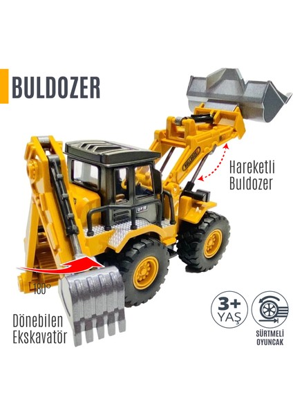 Oyuncak Metal Sürtmeli Iş Makinesı Çift Taraflı Kepçeli Buldozer Inşaat Aracı 32 cm