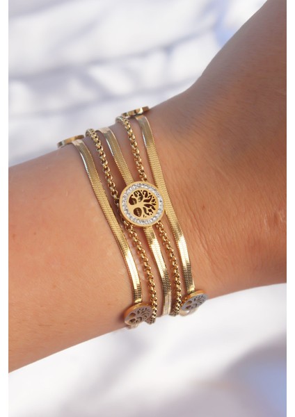 316L Çelik Gold Renk Italyan Zincir Detaylı Zirkon Taşlı Yaşam Ağacı Tasarımlı Çoklu Bileklik fiyatları