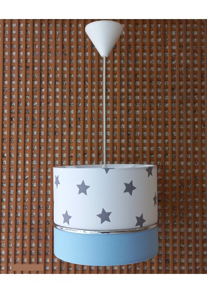 Beyaz Yıldızlı Mavi M-343 Elkamentli Kumaş Kaplama Çocuk Odası ve Bebek Odası Avize Sarkıt
