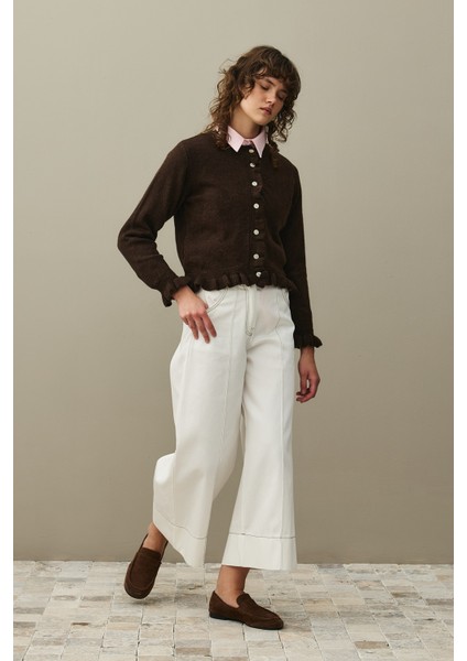 Ince Fırfırlı Tiftik Hırka Kahverengi