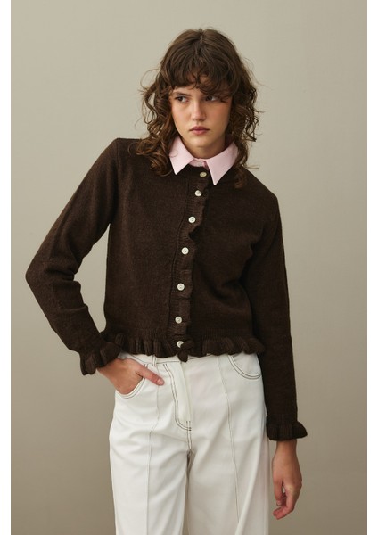 Ince Fırfırlı Tiftik Hırka Kahverengi fiyatları