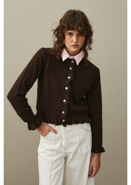 Ince Fırfırlı Tiftik Hırka Kahverengi modelleri