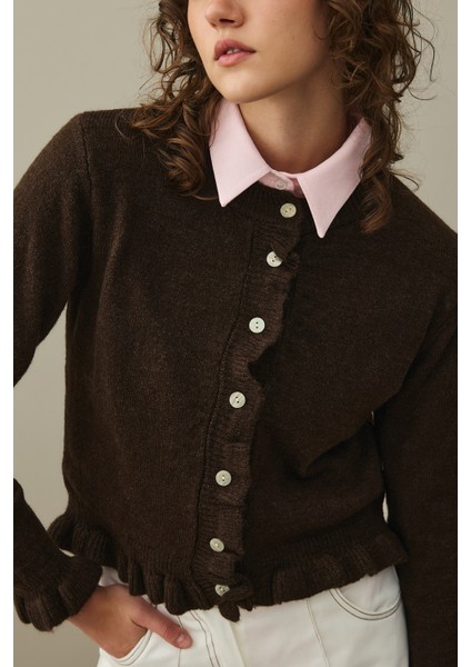 Ince Fırfırlı Tiftik Hırka Kahverengi fırsatları