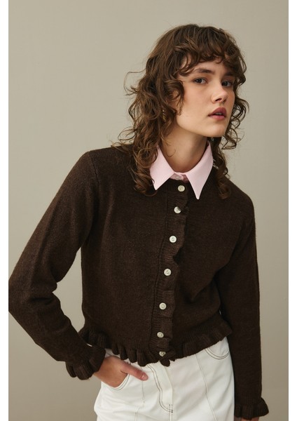 Ince Fırfırlı Tiftik Hırka Kahverengi indirimleri