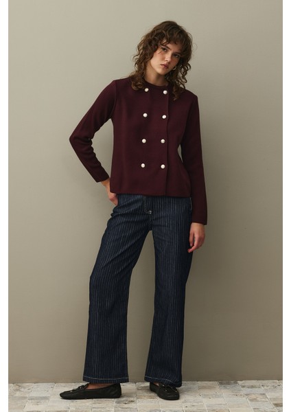 Çift Düğme Crop Hırka Bordo