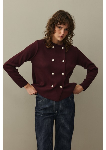 Çift Düğme Crop Hırka Bordo modelleri