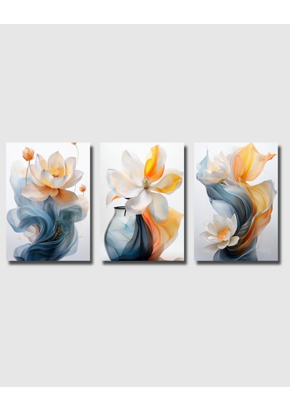 Çerçevesiz Poster, Soyut Modern Çiçek 3'lü Poster Seti,turuncu,mavi Dekoratif Duvar Posteri
