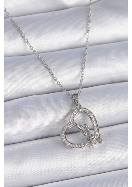 316L Çelik Zincir Gümüş Renk Zirkon Taşlı Kalp Model Melek Detay Kadın Kolye fiyatları