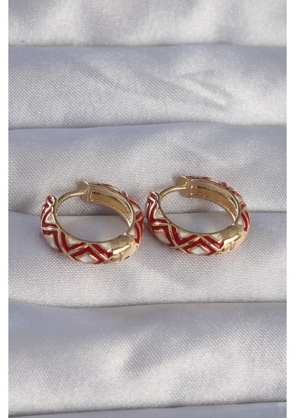 Pirinç Gold Renk Kırmızı Etnik Desenli Halka Küpe