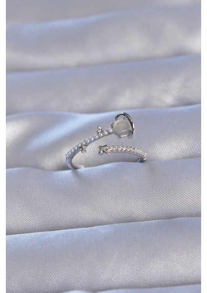 Pirinç Gümüş Renk Zirkon Taşlı Incili Satürn Model Ayarlanabilir Yüzük fiyatları