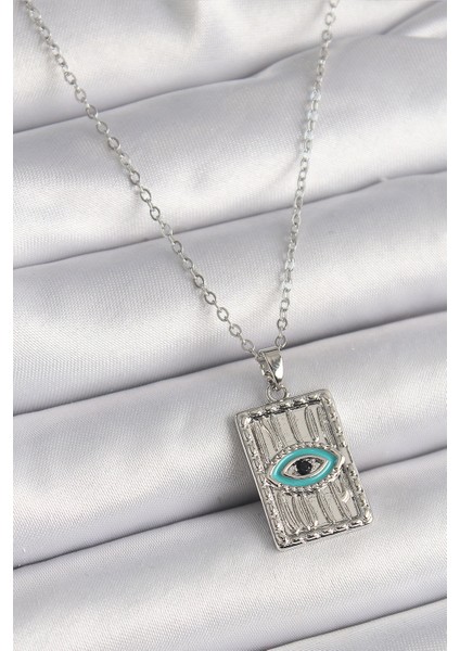 316L Çelik Gümüş Renk Zirkon Taşlı Göz Işleme Detaylı Plaka Model Kadın Kolye fiyatları