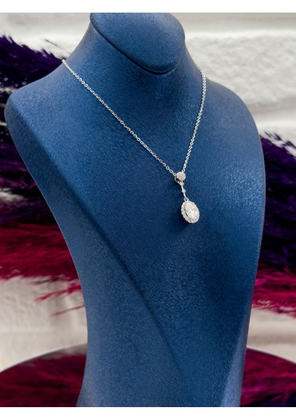925 Ayar Gümüş Oval Taşlı Özel Tasarım Trend Kadın Kolye