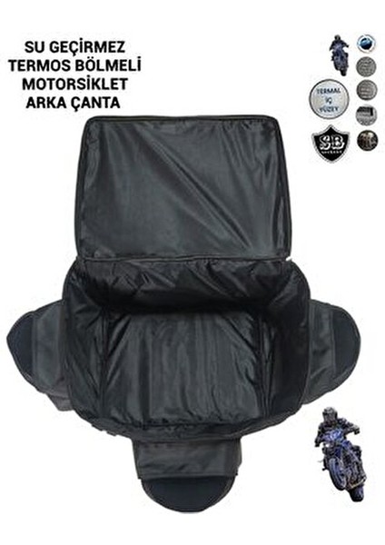 Termoslu Motosiklet Arka Çanta Su Geçirmez 46x47x37 cm Dayanıklı Siyah Kumaş
