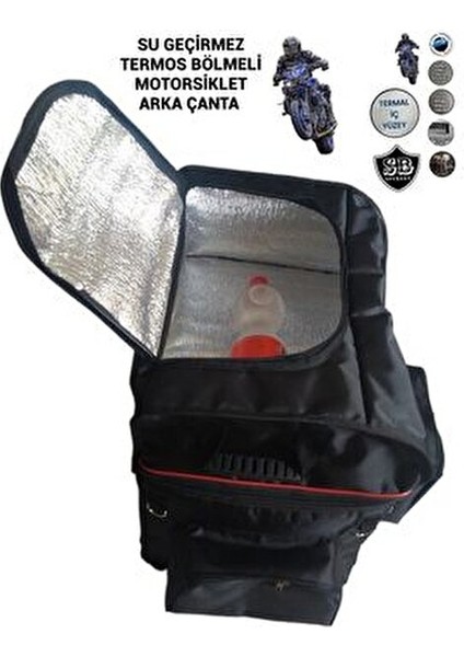 Termoslu Motosiklet Arka Çanta Su Geçirmez 46x47x37 cm Dayanıklı Siyah Kumaş
