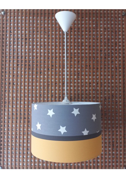 Gri Yıldızlı Sarı M-345 Kumaş Kaplama Çocuk Odası ve Bebek Odası Avize Aydınlatma Sarkıt