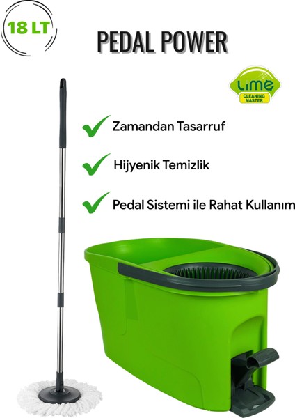 Pedal Power Mikrofiber Bezli Temizlik Seti - 360°DÖNER Başlıklı Pedallı Kova Mop - Üretici Garantili