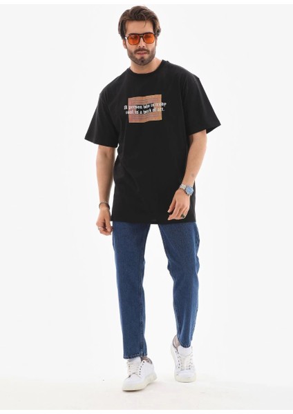 Unisex Bisiklet Yaka Baskılı Oversize T-Shirt - Siyah -Vlmr
