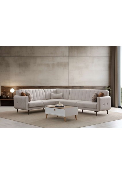 Bona 3 + L Köşe+3'lü Köşetakımı Bej Valebo-03 Ceviz Ayak