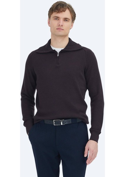 Mürdüm Yarım Balıkçı Yaka Düz Örgü Yün Karışımlı Triko Kazak