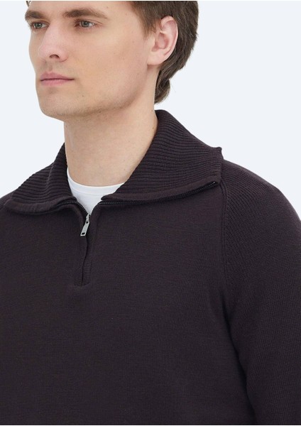 Mürdüm Yarım Balıkçı Yaka Düz Örgü Yün Karışımlı Triko Kazak fırsatları