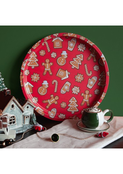 Home Yılbaşı Desenli Dekoratif Metal Tepsi - Ginger Bread