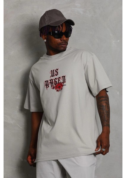 Unisex Oversize Baskılı Bisiklet Yaka T-Shirt - Gri -Vlmr