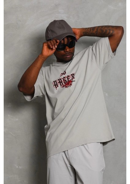 Unisex Oversize Baskılı Bisiklet Yaka T-Shirt - Gri -Vlmr fiyatları