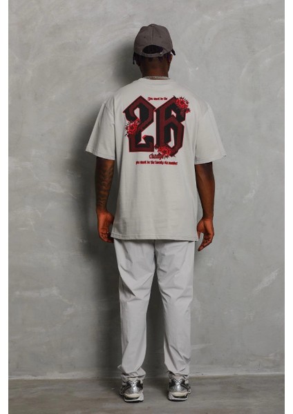 Unisex Oversize Baskılı Bisiklet Yaka T-Shirt - Gri -Vlmr modelleri