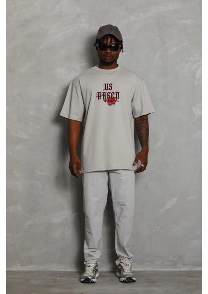 Unisex Oversize Baskılı Bisiklet Yaka T-Shirt - Gri -Vlmr fırsatları