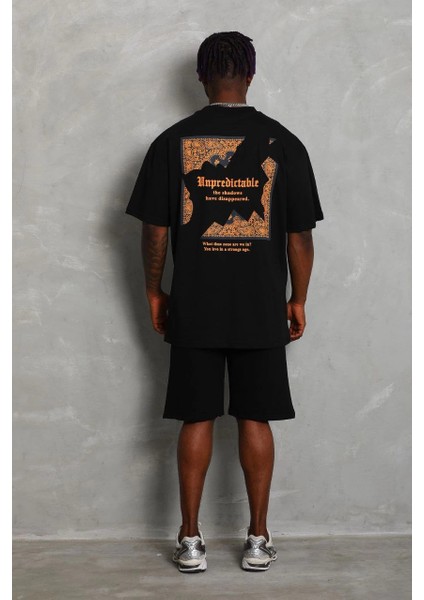 Unisex Oversize Baskılı Bisiklet Yaka T-Shirt - Siyah -Vlmr modelleri