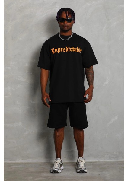 Unisex Oversize Baskılı Bisiklet Yaka T-Shirt - Siyah -Vlmr fırsatları