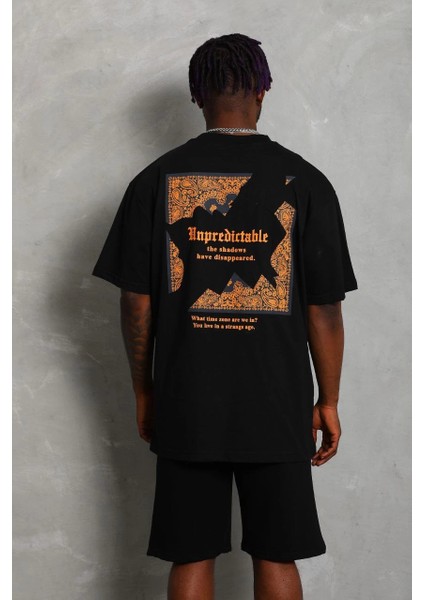 Unisex Oversize Baskılı Bisiklet Yaka T-Shirt - Siyah -Vlmr indirimleri