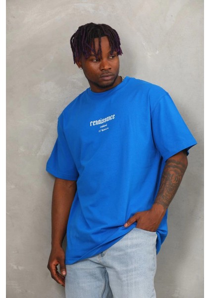 Unisex Oversize Baskılı Bisiklet Yaka T-Shirt - Mavi -Vlmr