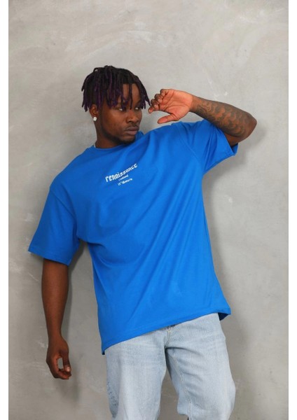 Unisex Oversize Baskılı Bisiklet Yaka T-Shirt - Mavi -Vlmr modelleri
