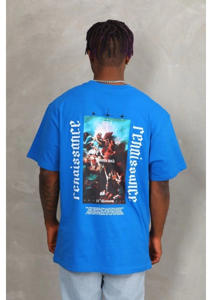 Unisex Oversize Baskılı Bisiklet Yaka T-Shirt - Mavi -Vlmr indirimleri