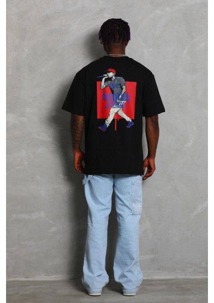 Unisex Oversize Baskılı Bisiklet Yaka T-Shirt - Siyah -Vlmr