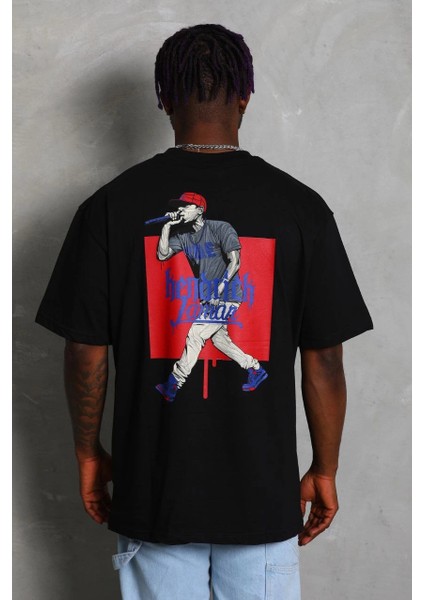 Unisex Oversize Baskılı Bisiklet Yaka T-Shirt - Siyah -Vlmr modelleri