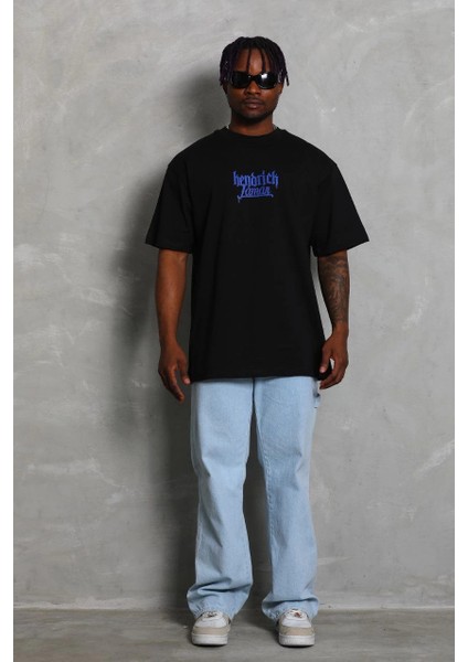 Unisex Oversize Baskılı Bisiklet Yaka T-Shirt - Siyah -Vlmr fırsatları