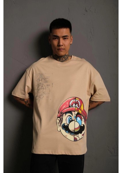 Erkek Mario Baskılı Oversize T-Shirt - Bej -Vlmr